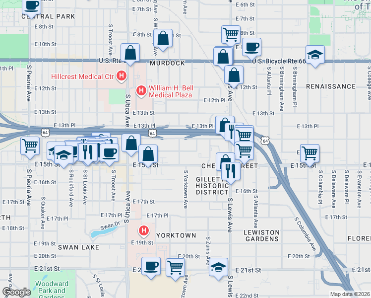 map of restaurants, bars, coffee shops, grocery stores, and more near 2003 East 15th Street in Tulsa