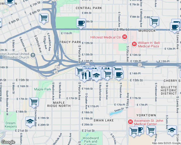 map of restaurants, bars, coffee shops, grocery stores, and more near in Tulsa