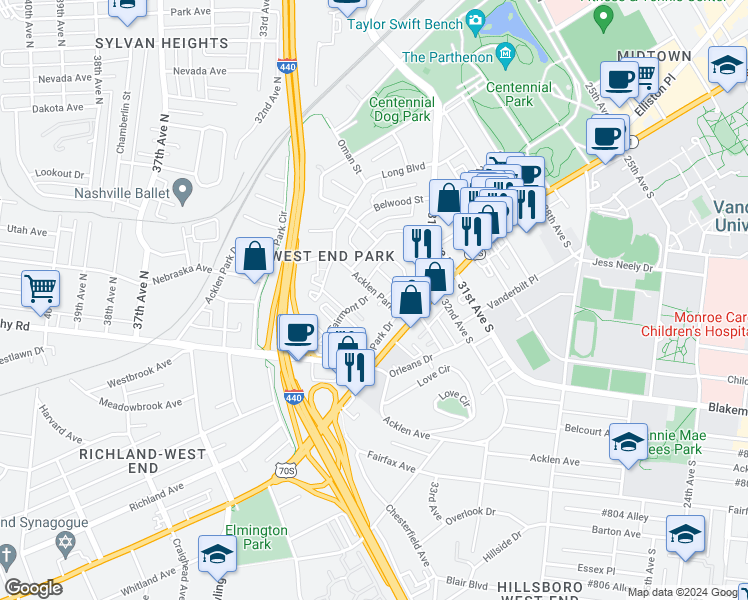 map of restaurants, bars, coffee shops, grocery stores, and more near 107 Acklen Park Drive in Nashville