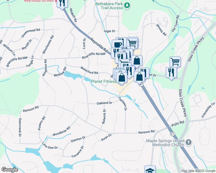 map of restaurants, bars, coffee shops, grocery stores, and more near 228 Radford Street in Winston-Salem