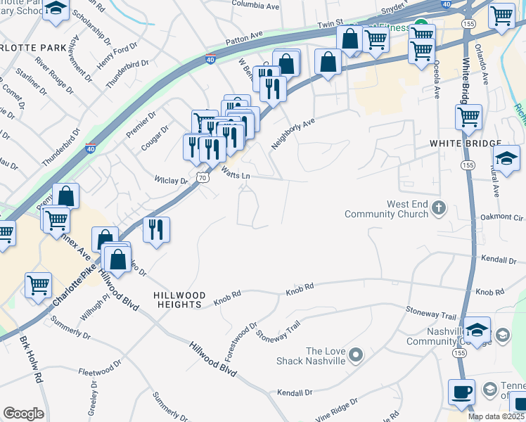 map of restaurants, bars, coffee shops, grocery stores, and more near 100-1098 Watts Cir in Nashville