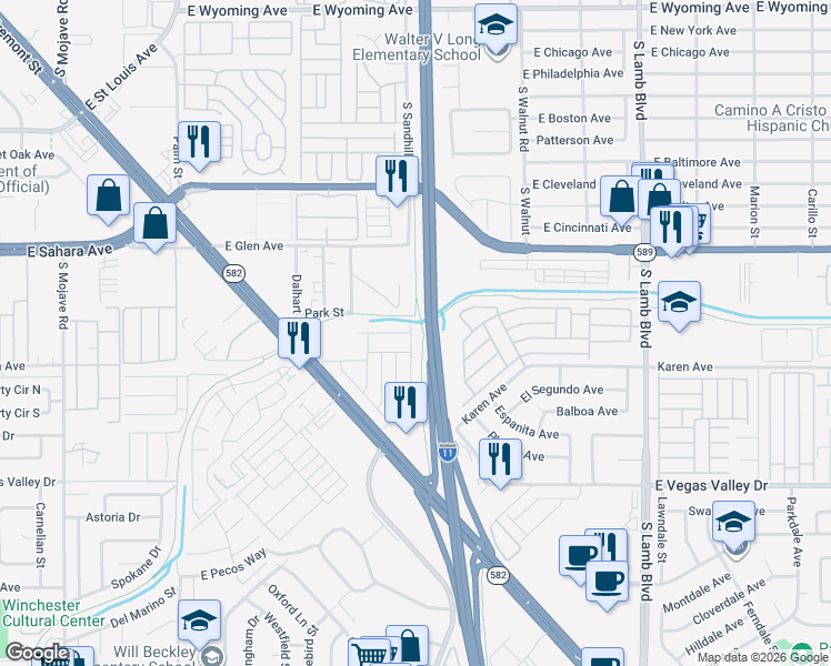 map of restaurants, bars, coffee shops, grocery stores, and more near 2644 Brazos Hills Street in Las Vegas