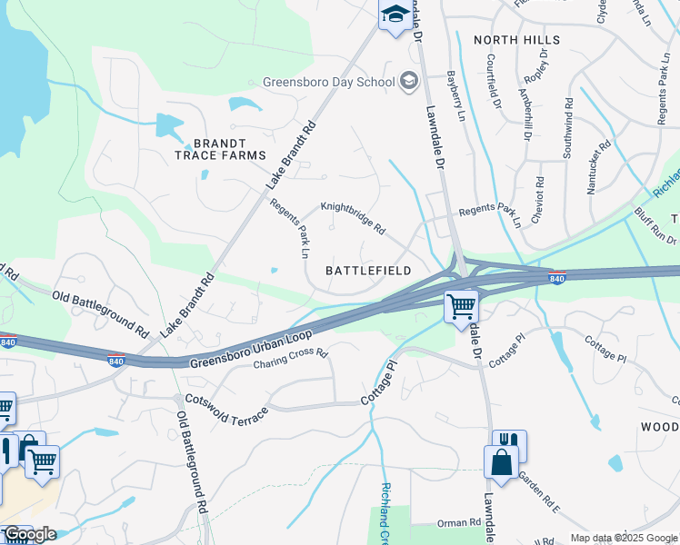 map of restaurants, bars, coffee shops, grocery stores, and more near 3406 Regents Park Lane in Greensboro