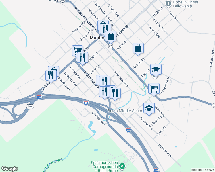 map of restaurants, bars, coffee shops, grocery stores, and more near 512 East Stratton Avenue in Monterey