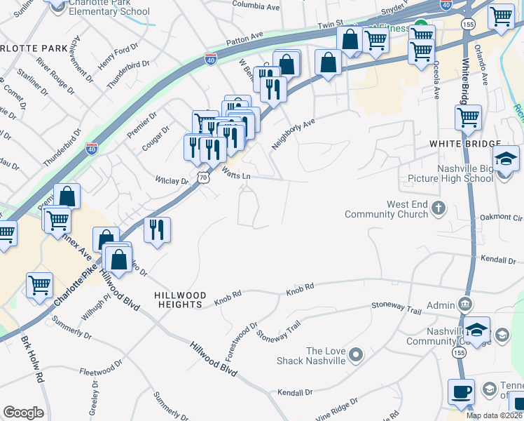 map of restaurants, bars, coffee shops, grocery stores, and more near 100-1098 Watts Cir in Nashville