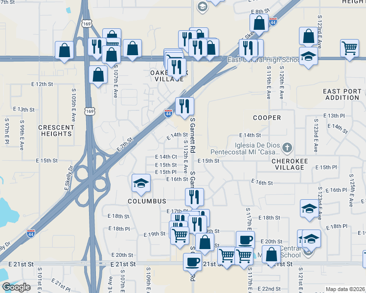 map of restaurants, bars, coffee shops, grocery stores, and more near 1401 South 112th East Avenue in Tulsa