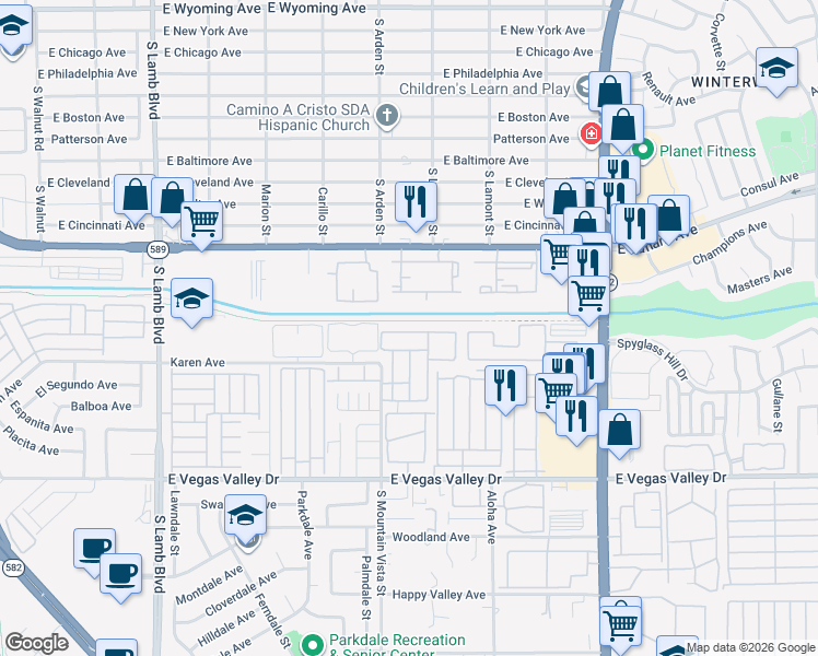 map of restaurants, bars, coffee shops, grocery stores, and more near 4648 Krissylouise Way in Las Vegas