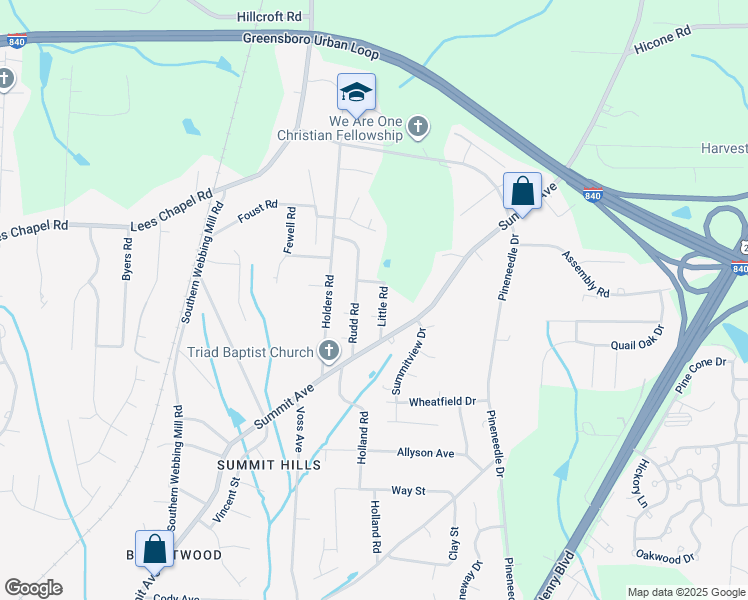 map of restaurants, bars, coffee shops, grocery stores, and more near 4718 Little Road in Greensboro
