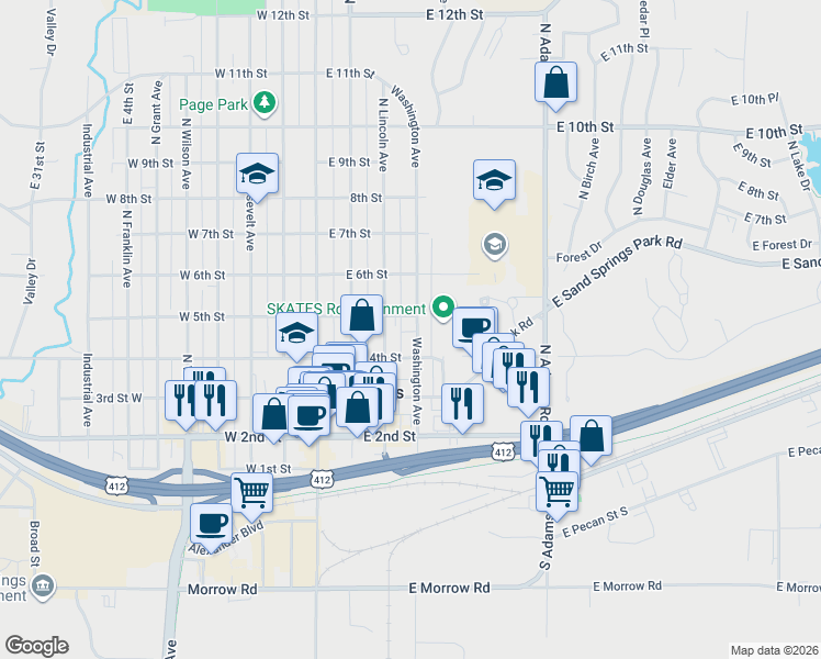 map of restaurants, bars, coffee shops, grocery stores, and more near 502 Washington Avenue in Sand Springs