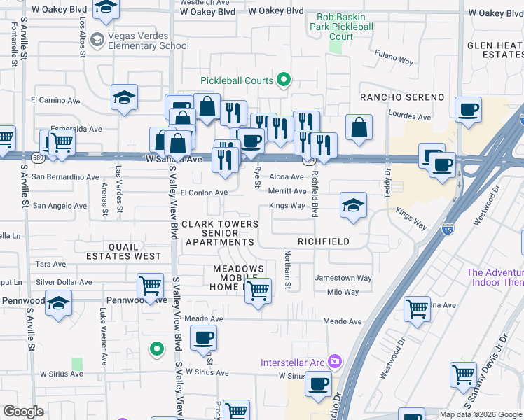map of restaurants, bars, coffee shops, grocery stores, and more near 3209 Kings Way in Las Vegas