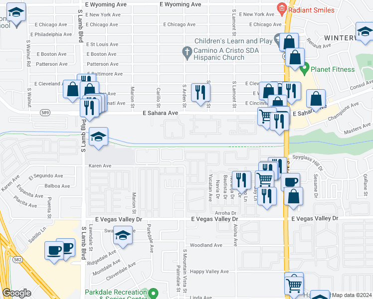 map of restaurants, bars, coffee shops, grocery stores, and more near 4612 Krissylouise Way in Las Vegas