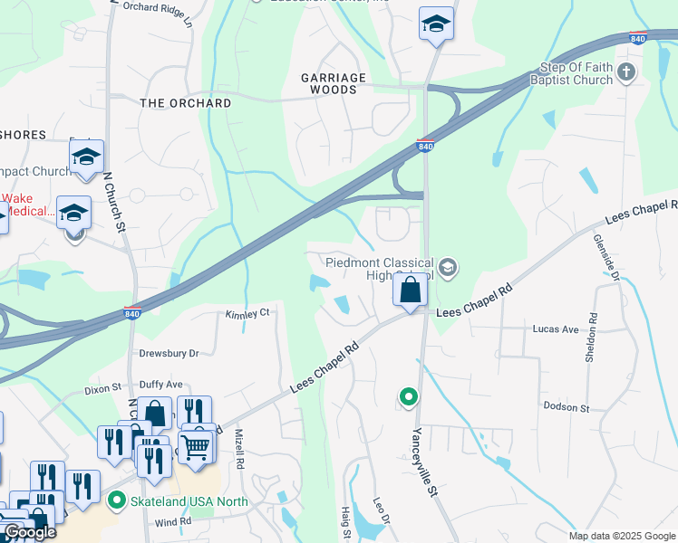 map of restaurants, bars, coffee shops, grocery stores, and more near 1371 Lees Chapel Road in Greensboro