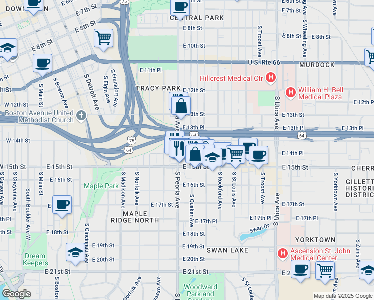 map of restaurants, bars, coffee shops, grocery stores, and more near 1401 South Quaker Avenue in Tulsa