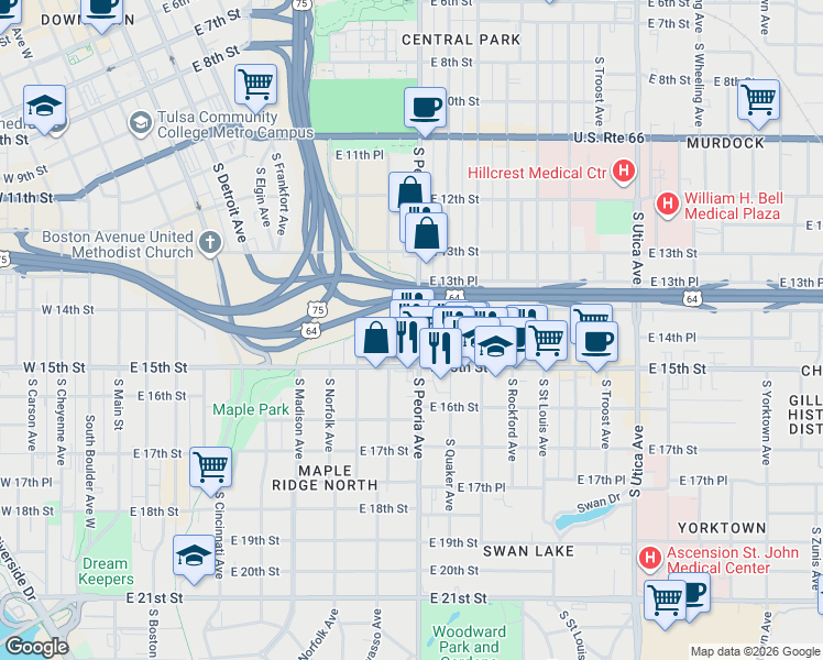 map of restaurants, bars, coffee shops, grocery stores, and more near 1402 South Peoria Avenue in Tulsa