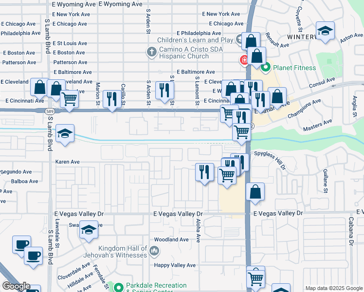 map of restaurants, bars, coffee shops, grocery stores, and more near 4732 Krissylouise Way in Las Vegas