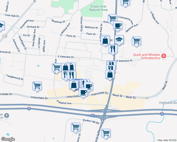 map of restaurants, bars, coffee shops, grocery stores, and more near 200 Scenic Drive in Cookeville