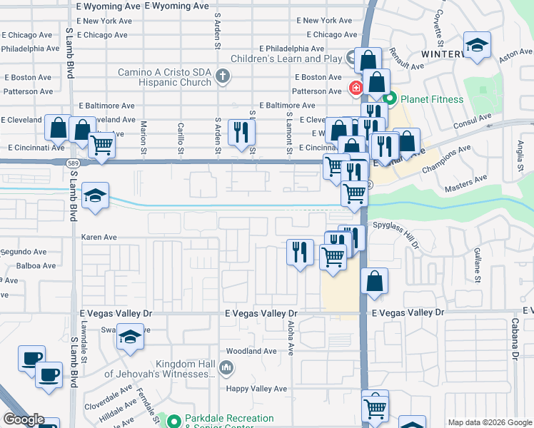 map of restaurants, bars, coffee shops, grocery stores, and more near 4732 Krissylouise Way in Las Vegas