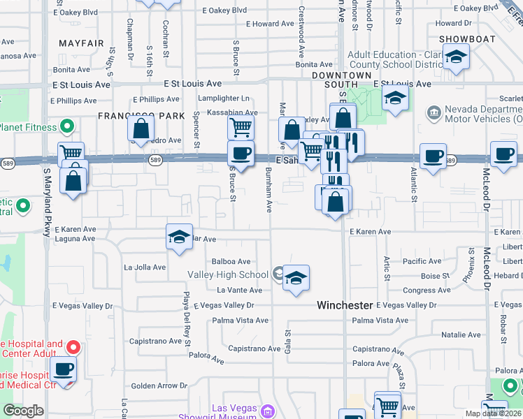 map of restaurants, bars, coffee shops, grocery stores, and more near 2077 East Sahara Avenue in Las Vegas