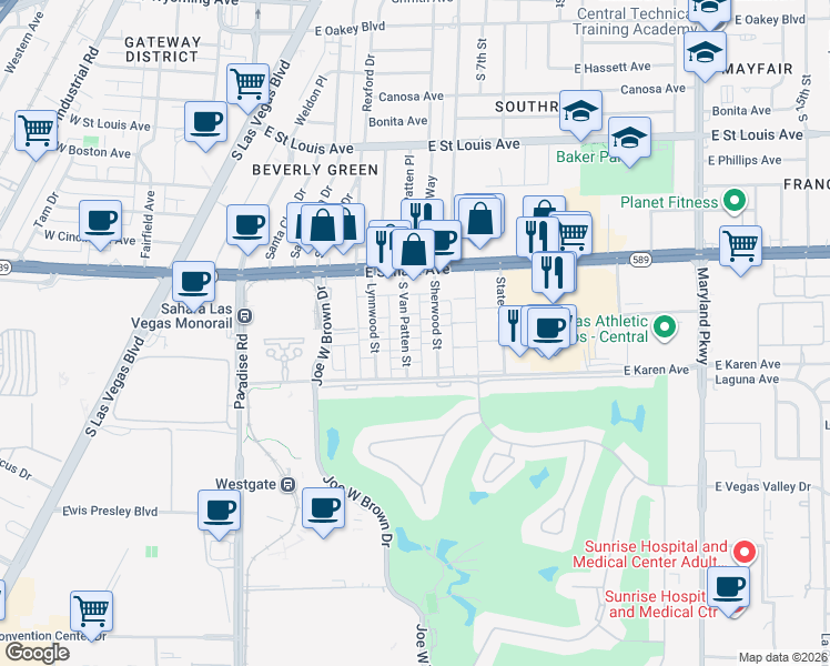 map of restaurants, bars, coffee shops, grocery stores, and more near 2575 Sherwood Street in Las Vegas
