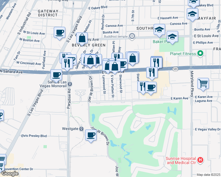 map of restaurants, bars, coffee shops, grocery stores, and more near 2575 South Van Patten Street in Las Vegas