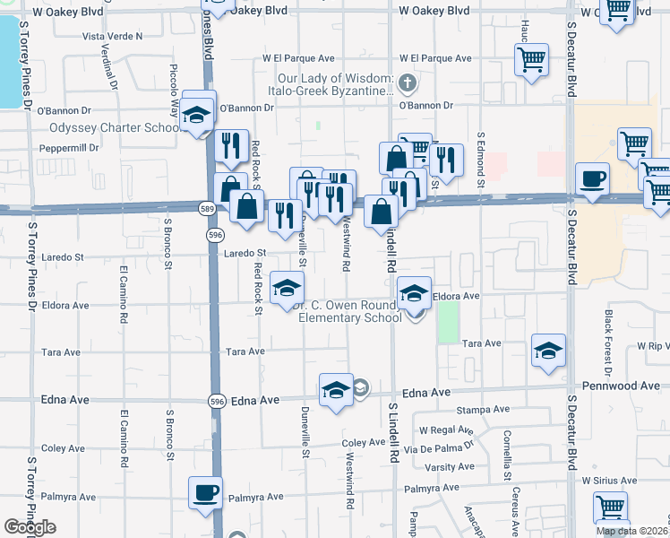 map of restaurants, bars, coffee shops, grocery stores, and more near 2585 Westwind Road in Las Vegas