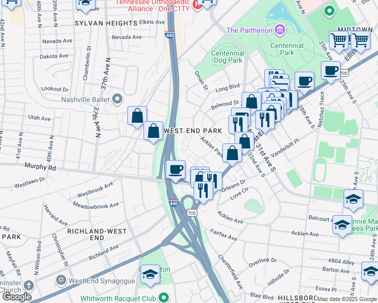 map of restaurants, bars, coffee shops, grocery stores, and more near 201 Acklen Park Drive in Nashville
