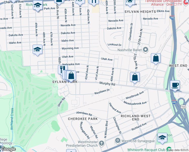 map of restaurants, bars, coffee shops, grocery stores, and more near 4110 Colorado Avenue in Nashville