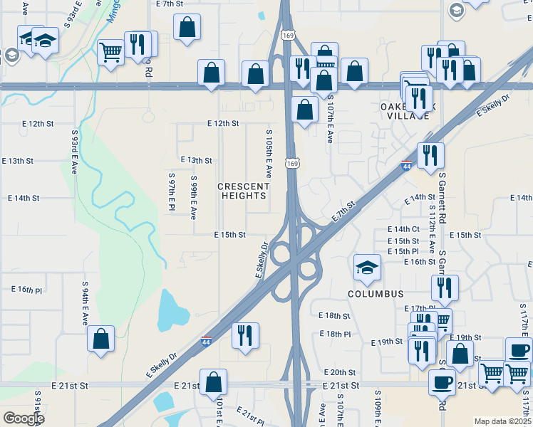 map of restaurants, bars, coffee shops, grocery stores, and more near 1294 South 105th East Avenue in Tulsa