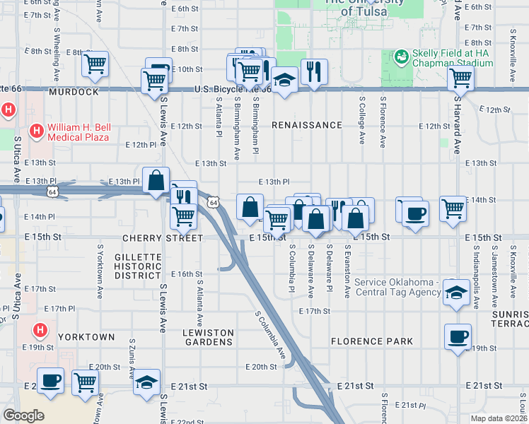 map of restaurants, bars, coffee shops, grocery stores, and more near 2639 East 14th Street in Tulsa