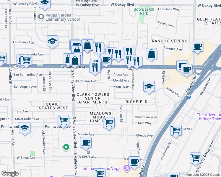 map of restaurants, bars, coffee shops, grocery stores, and more near 3209 Kings Way in Las Vegas