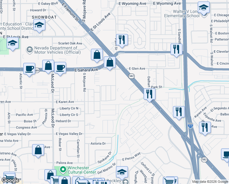 map of restaurants, bars, coffee shops, grocery stores, and more near 2647 Jacyra Avenue in Las Vegas