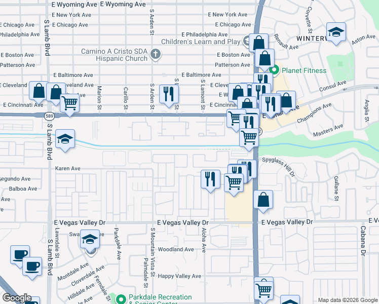 map of restaurants, bars, coffee shops, grocery stores, and more near 4732 Krissylouise Way in Las Vegas