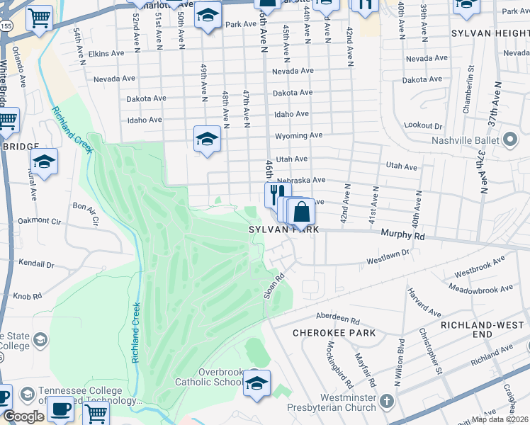 map of restaurants, bars, coffee shops, grocery stores, and more near 101 46th Avenue North in Nashville