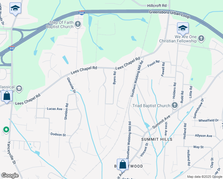 map of restaurants, bars, coffee shops, grocery stores, and more near 4719 Byers Road in Greensboro
