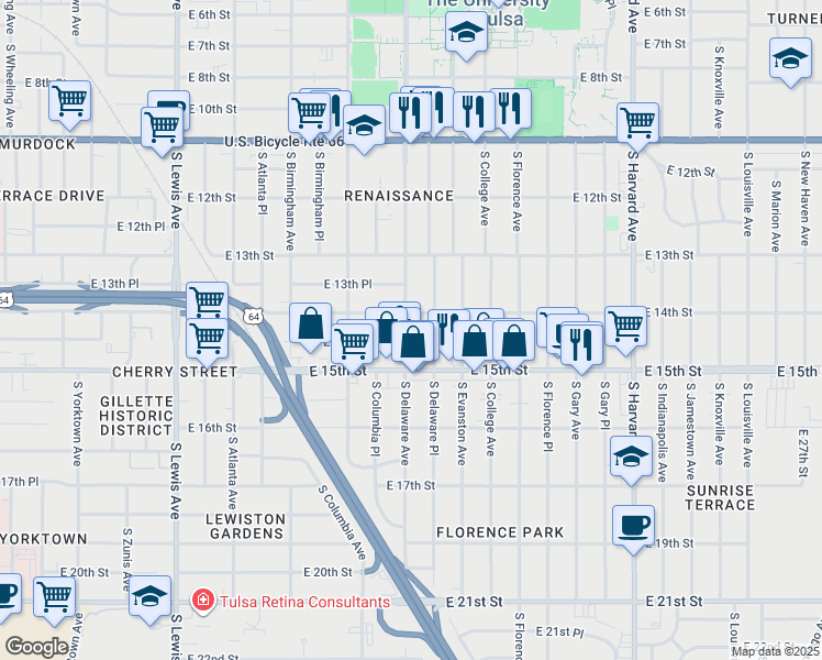 map of restaurants, bars, coffee shops, grocery stores, and more near 1415 South Delaware Avenue in Tulsa