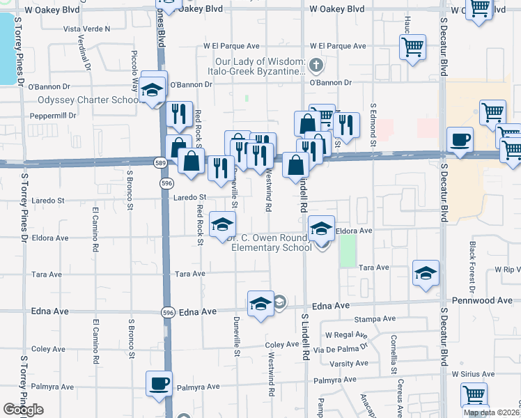 map of restaurants, bars, coffee shops, grocery stores, and more near 2585 Westwind Road in Las Vegas