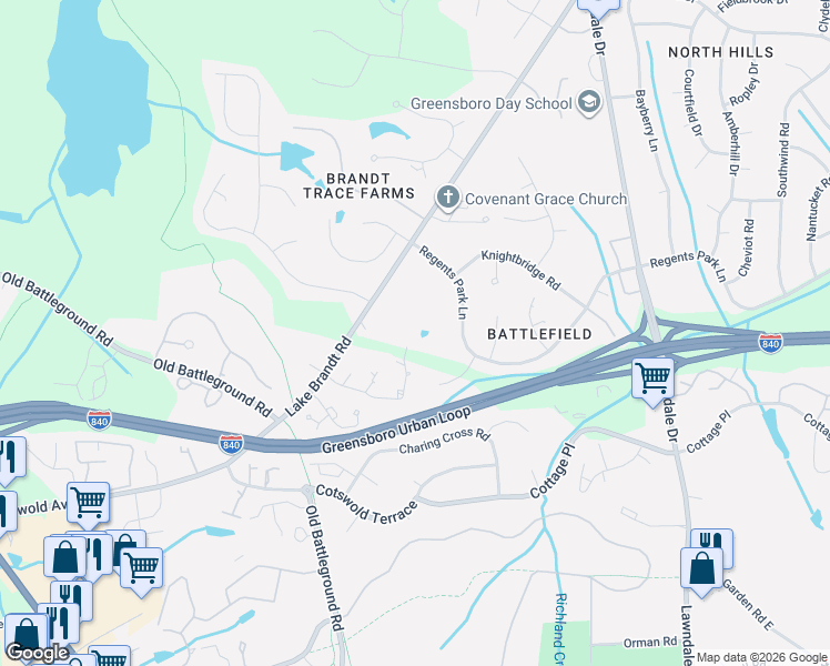 map of restaurants, bars, coffee shops, grocery stores, and more near 26 Milpond Lane in Greensboro