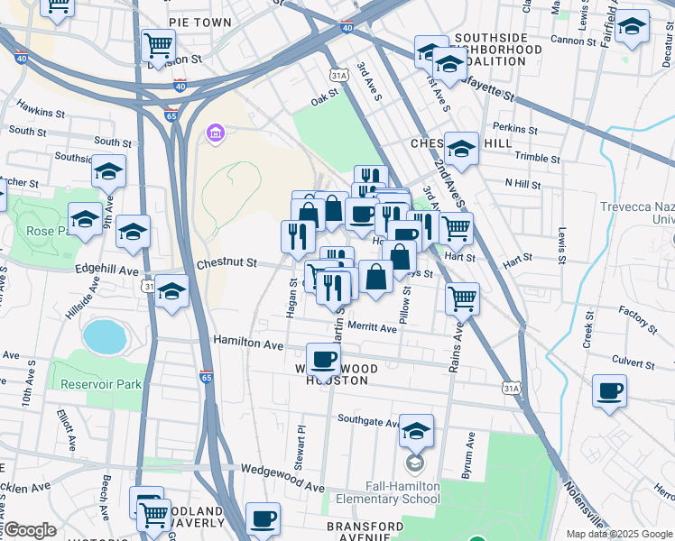 map of restaurants, bars, coffee shops, grocery stores, and more near 465 Humphreys Street in Nashville