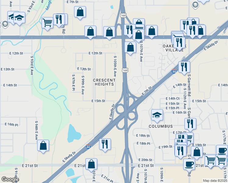 map of restaurants, bars, coffee shops, grocery stores, and more near 1294 South 105th East Avenue in Tulsa