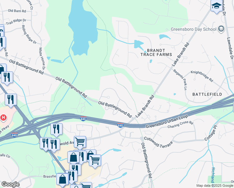 map of restaurants, bars, coffee shops, grocery stores, and more near 4504 Brandt Ridge Drive in Greensboro