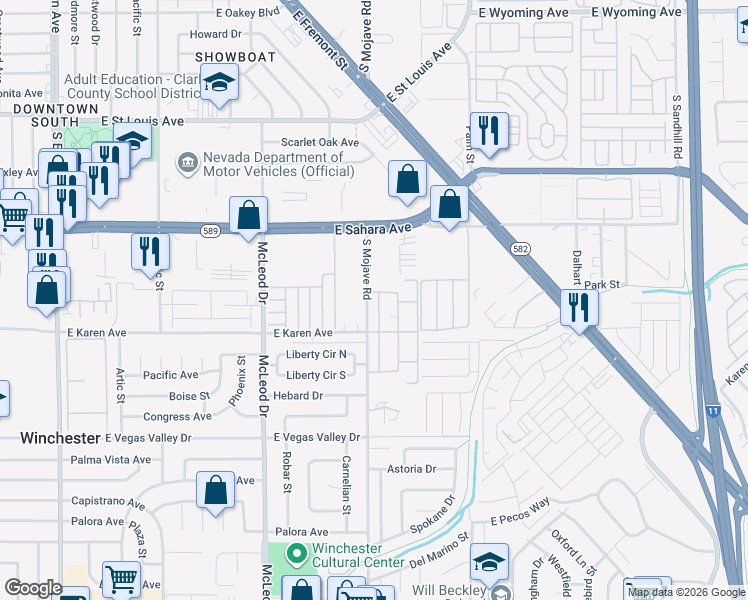 map of restaurants, bars, coffee shops, grocery stores, and more near 2635 Heritage Court in Las Vegas