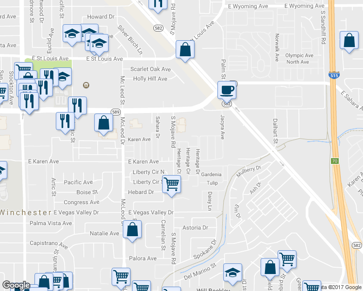 map of restaurants, bars, coffee shops, grocery stores, and more near 2640 Heritage Court in Las Vegas