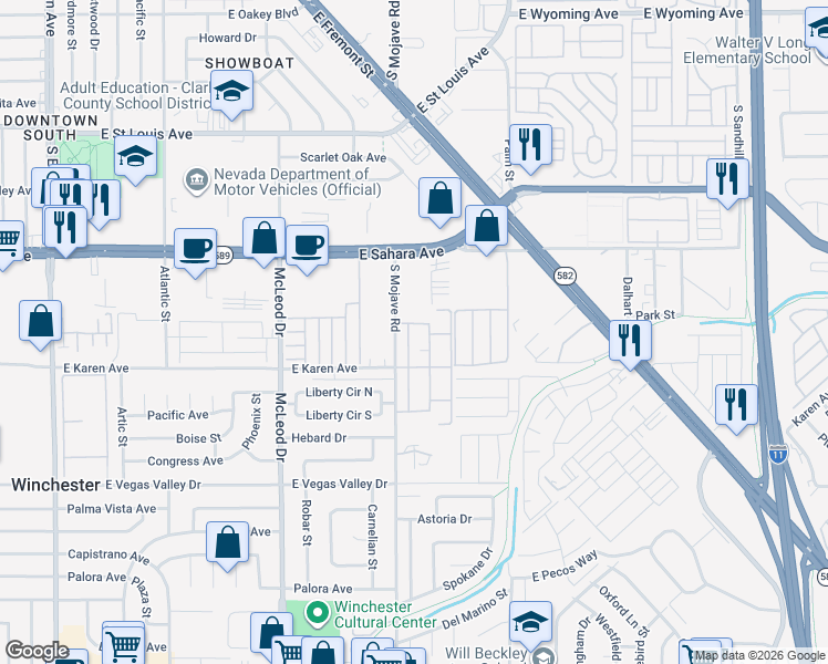 map of restaurants, bars, coffee shops, grocery stores, and more near 2640 Heritage Court in Las Vegas