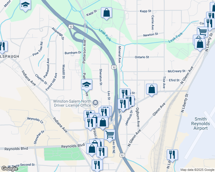 map of restaurants, bars, coffee shops, grocery stores, and more near 3920 Leo Street in Winston-Salem