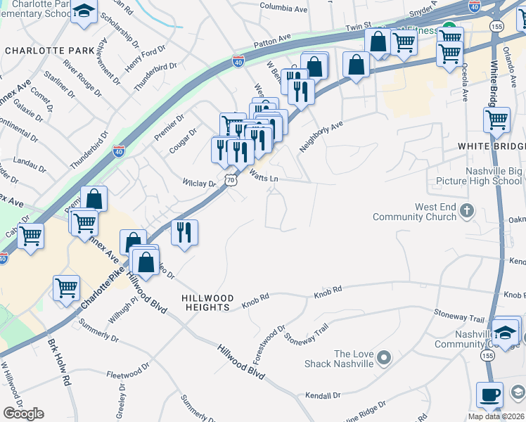 map of restaurants, bars, coffee shops, grocery stores, and more near 845 Watts Lane in Nashville