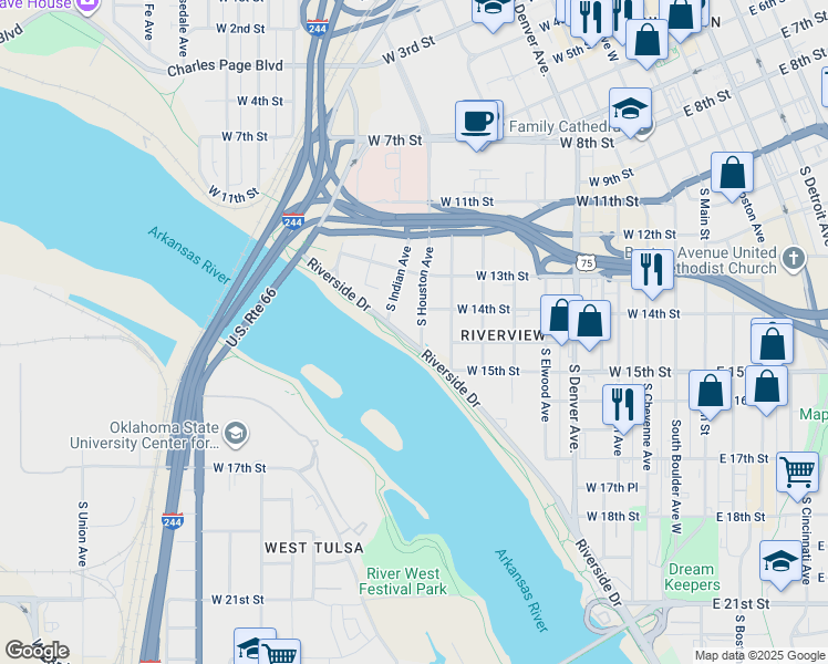 map of restaurants, bars, coffee shops, grocery stores, and more near 1381 Riverside Drive in Tulsa