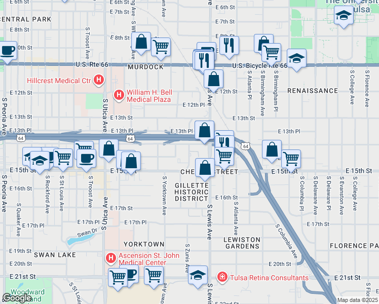 map of restaurants, bars, coffee shops, grocery stores, and more near in Tulsa