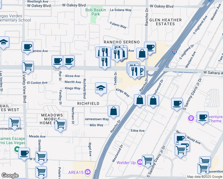 map of restaurants, bars, coffee shops, grocery stores, and more near 2710 Kings Way in Las Vegas