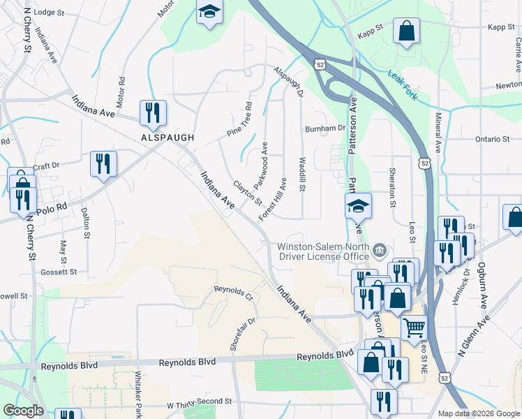 map of restaurants, bars, coffee shops, grocery stores, and more near 203 Clayton Street in Winston-Salem