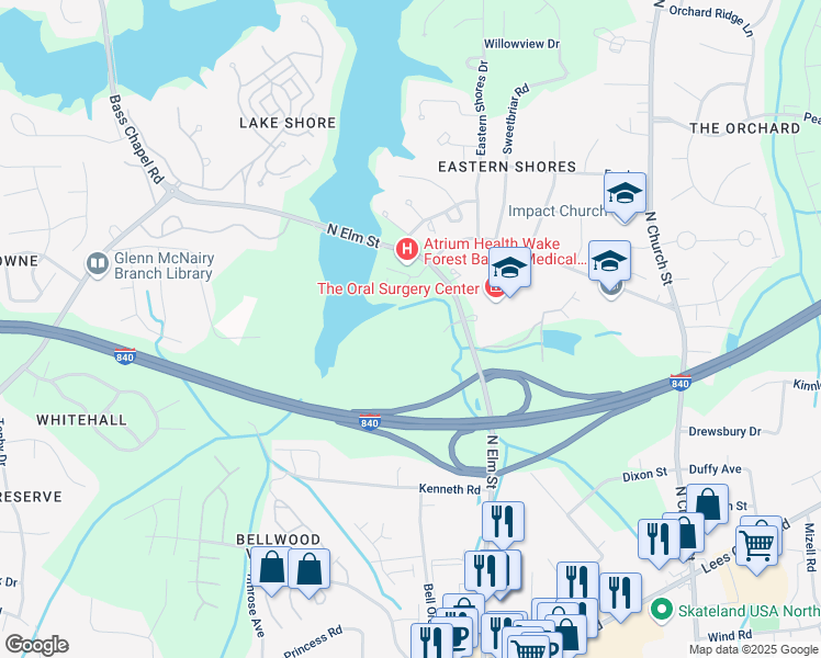 map of restaurants, bars, coffee shops, grocery stores, and more near 3803 North Elm Street in Greensboro